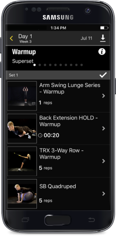 Bridge Athletic app — warmup session exercise list