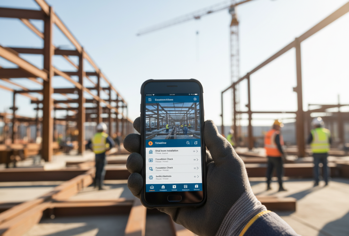 Construction worker using a mobile application on a jobsite
