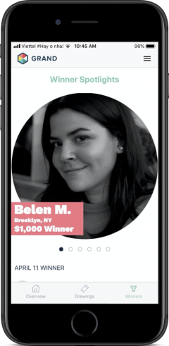 Grand savings app — winner spotlights screen